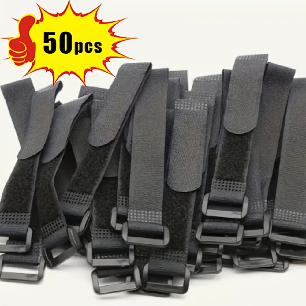 Adjustable Hook-and-Loop Cable Ties, 50 Black Straps with Buckles in 20 x 200 mm Size Pictured