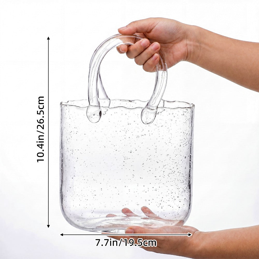 Clear Bubble Glass Purse Vase with Handbag Handles, 1- or 2-Piece Set and 10.4-Inch Height