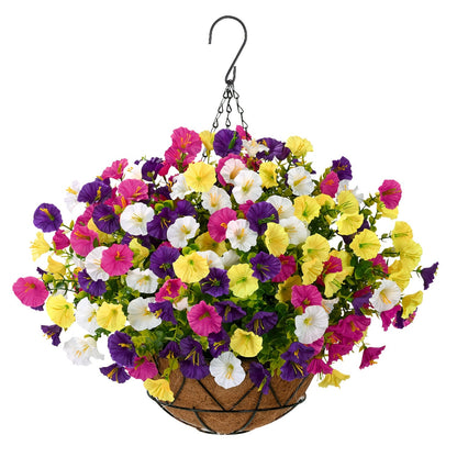 Artificial Flowers Hanging Petunia Arrangement with Included Planter Container and Six Color Options