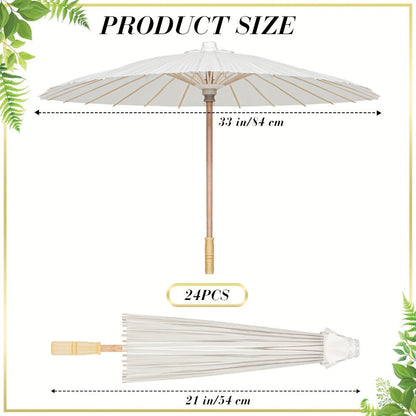 Paper Parasols 24 Pack 33 Inch - Decorative Paper Umbrellas for Party Photobooth Props, Wedding Decorations, Bridal Shower, Traditional Chinese Japanese Style with Wooden Handle