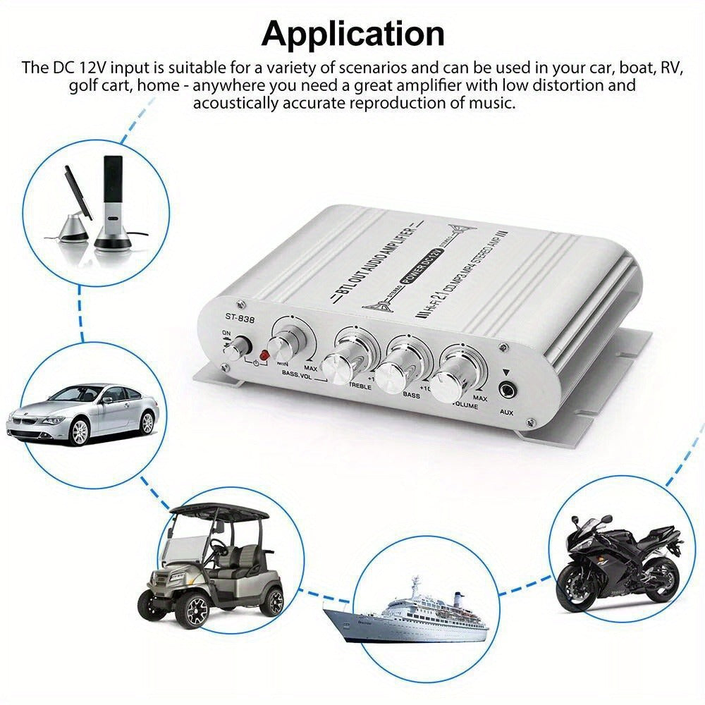 400 Watt 2.1 Channel Car Audio Stereo Amplifier, 12V Class A/B HIFI Power Amp with RCA & AUX Input, Subwoofer Output, Cast Iron Build, 20Wx2+40W RMS, 4-8Ω Speaker Compatible, Model ST-838