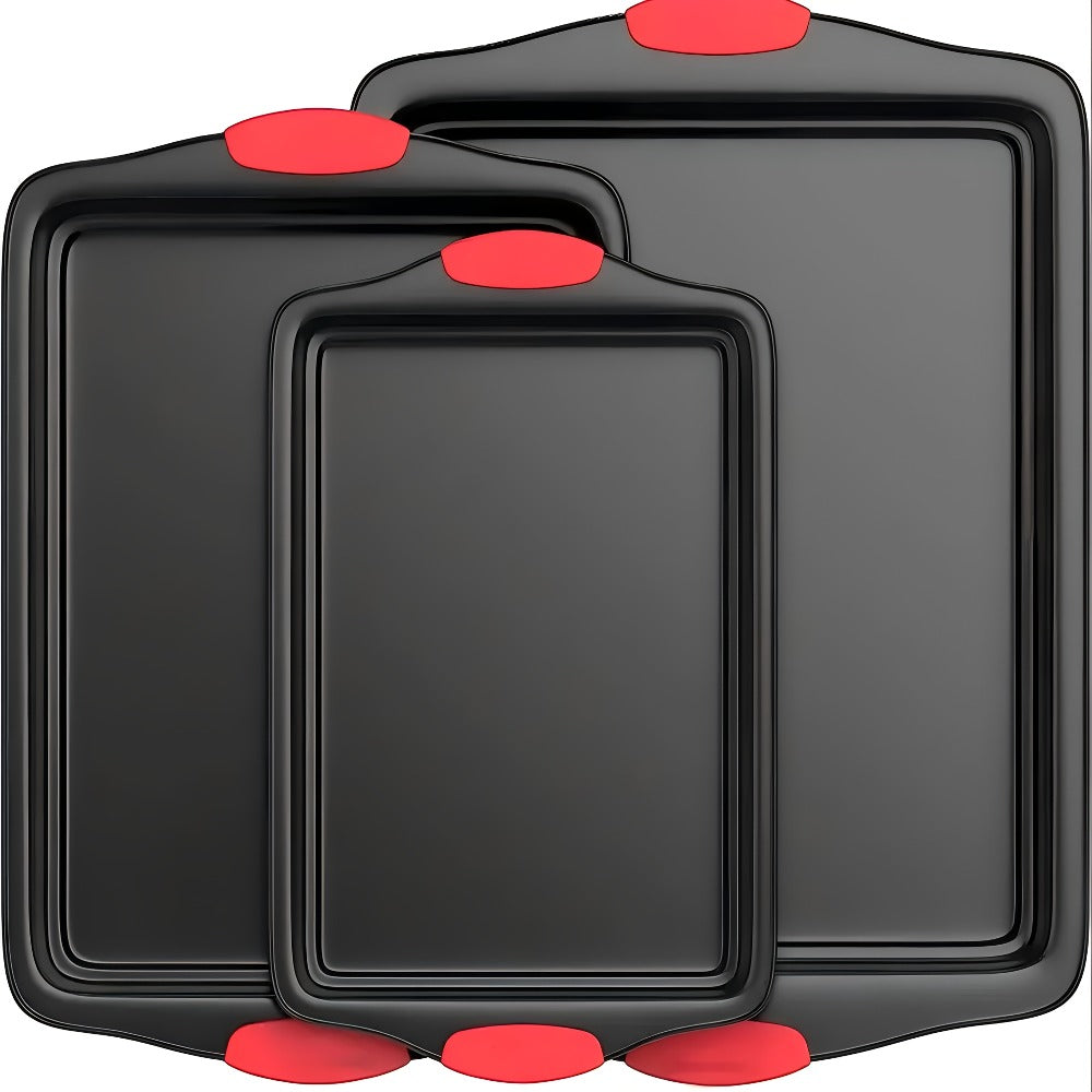 Three-Piece Black Baking Sheet Set with Red Grip Tabs in Small, Medium and Large Nesting Sizes
