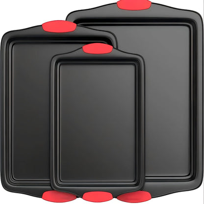 Three-Piece Black Baking Sheet Set with Red Grip Tabs in Small, Medium and Large Nesting Sizes