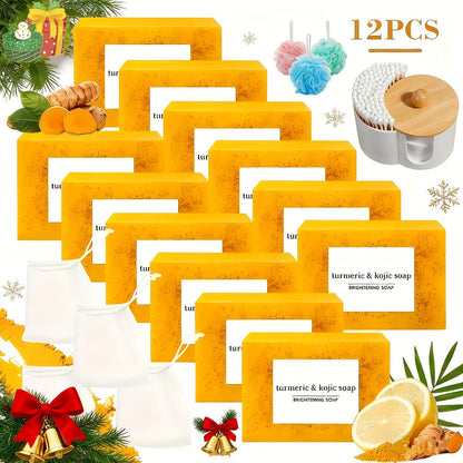 Turmeric Kojic Acid Brightening Soap Handmade Lemon Cold Process Deep Cleansing Hydrating Bar for Face & Body All Skin Types – Bundle Sets with Liquid Soap & Face Wash, Skincare Gift for Women