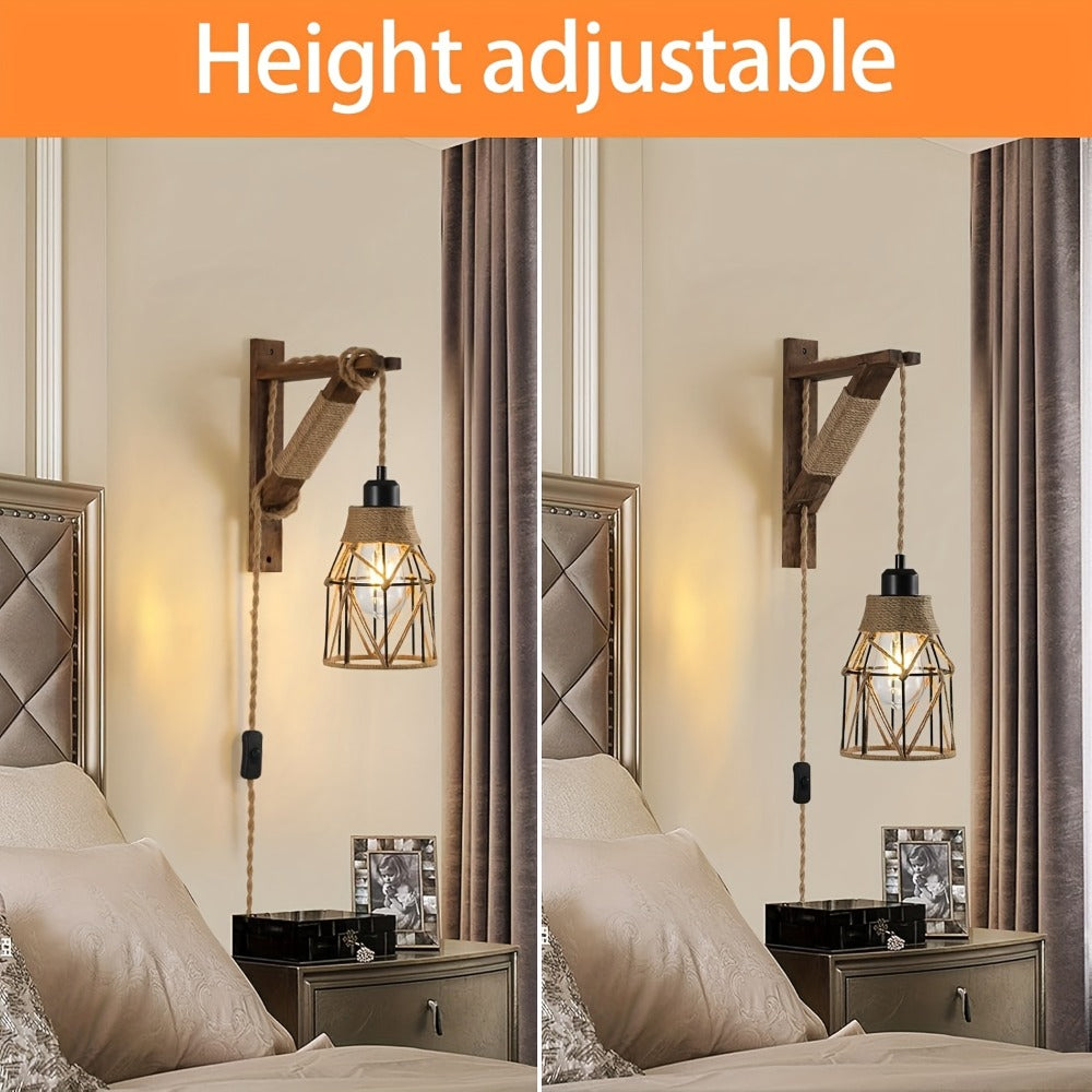 Plug-In Cage Wall Sconce with Wooden Bracket, 250 cm Cord and Single or Two-Piece Farmhouse Options