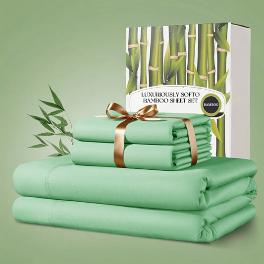 Bamboo Bed Sheet Set 4pcs 2200TC Deep Pocket Cooling Fitted Sheets – Ultra Soft, Breathable, Shrink & Wrinkle Resistant