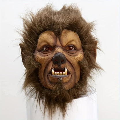 Hairy Brown Beast Costume Mask with Full-Head Creature Face, Pointed Ears and Faux-Fur Surround