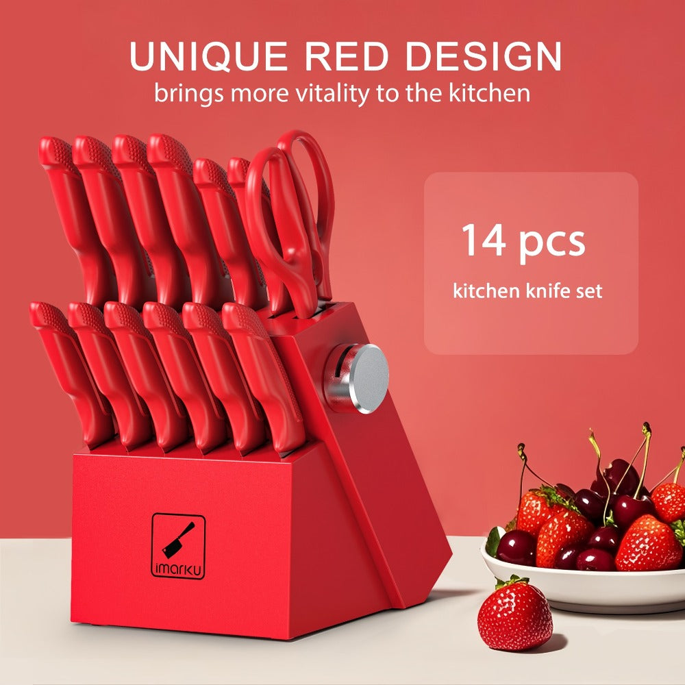 14-Piece Kitchen Knife Set with Japanese 420 Stainless Steel Label, Red Handles, Scissors and Sharpening Block
