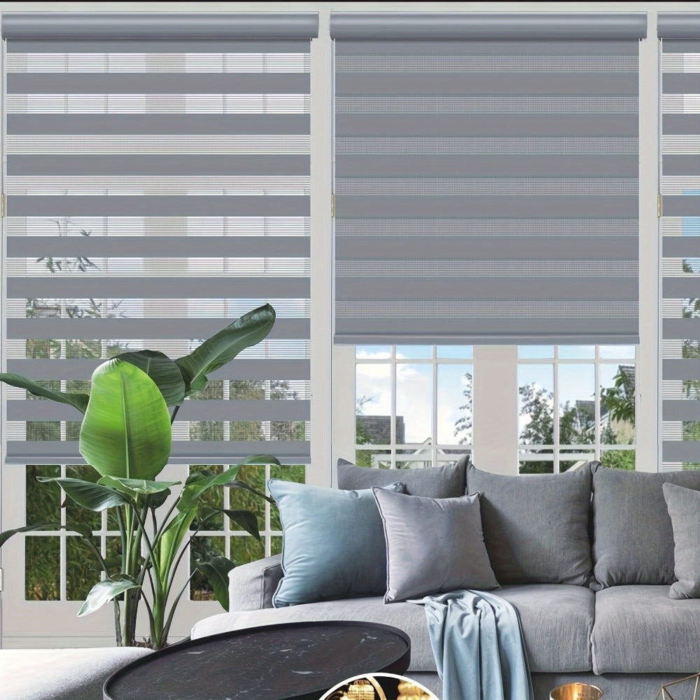 Cordless Zebra Roller Shade with Valance – Day Night Window Blind, Light Filtering Dual Layer Window Treatment Mesh Opaque Fabric