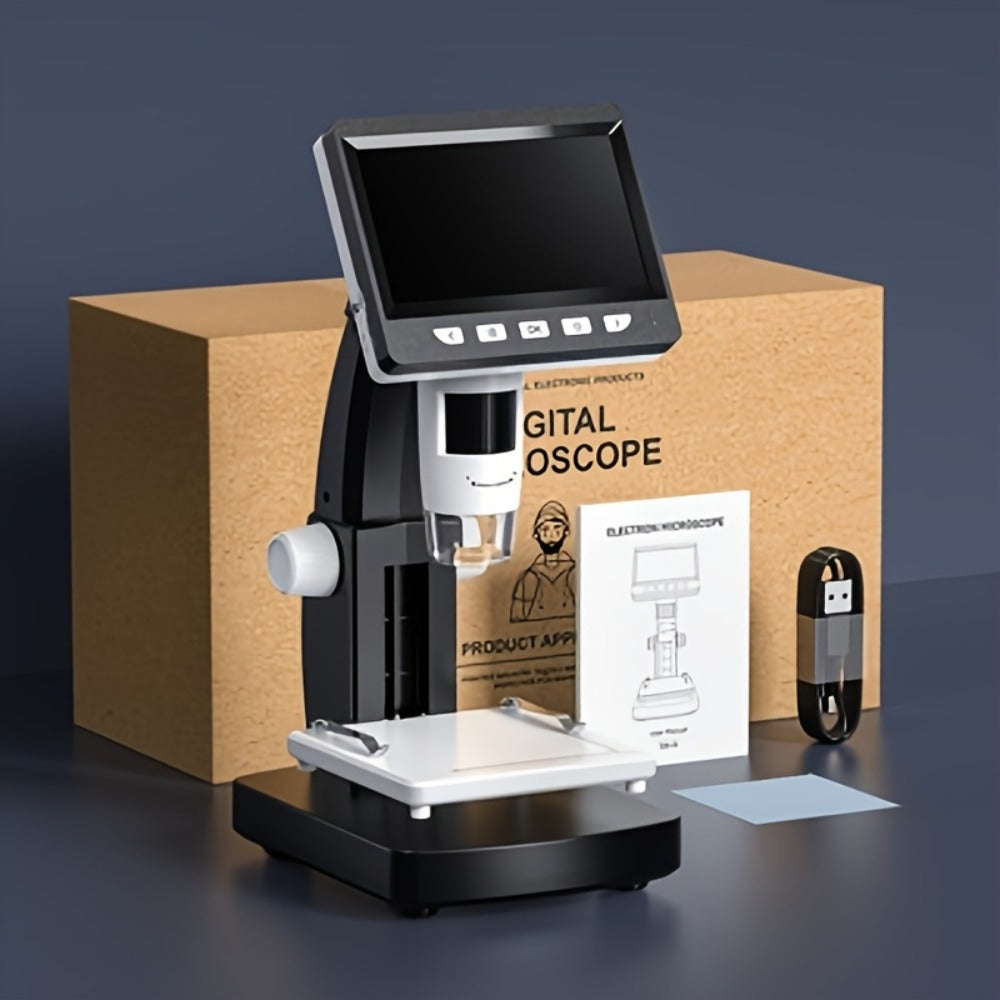 4.3-Inch Digital Microscope in Black or White with Eight LEDs and Compact Stand for Coin and Circuit Board Inspection