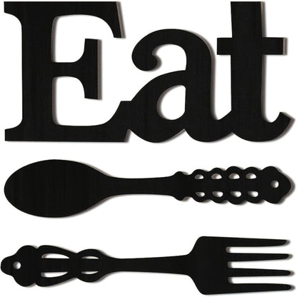 EAT Sign Wall Decor with Fork and Spoon | Rustic Wood Hanging Letters for Kitchen Dining Room | Country Farmhouse Wall Art Wooden EAT Decoration in Black