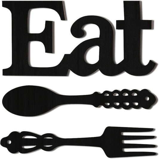 EAT Sign Wall Decor with Fork and Spoon | Rustic Wood Hanging Letters for Kitchen Dining Room | Country Farmhouse Wall Art Wooden EAT Decoration in Black