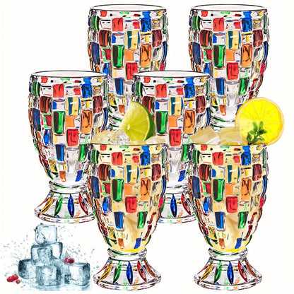 Mosaic-Pattern Drinking Glasses with Footed Bases, Two- or Six-Piece Colorful Goblet Sets for Table Settings