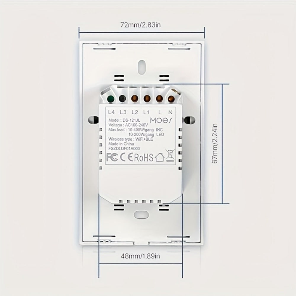 White WiFi Touch Wall Switch with One-, Two- or Three-Gang Options, 2.4GHz App Control and Dual Wiring Support