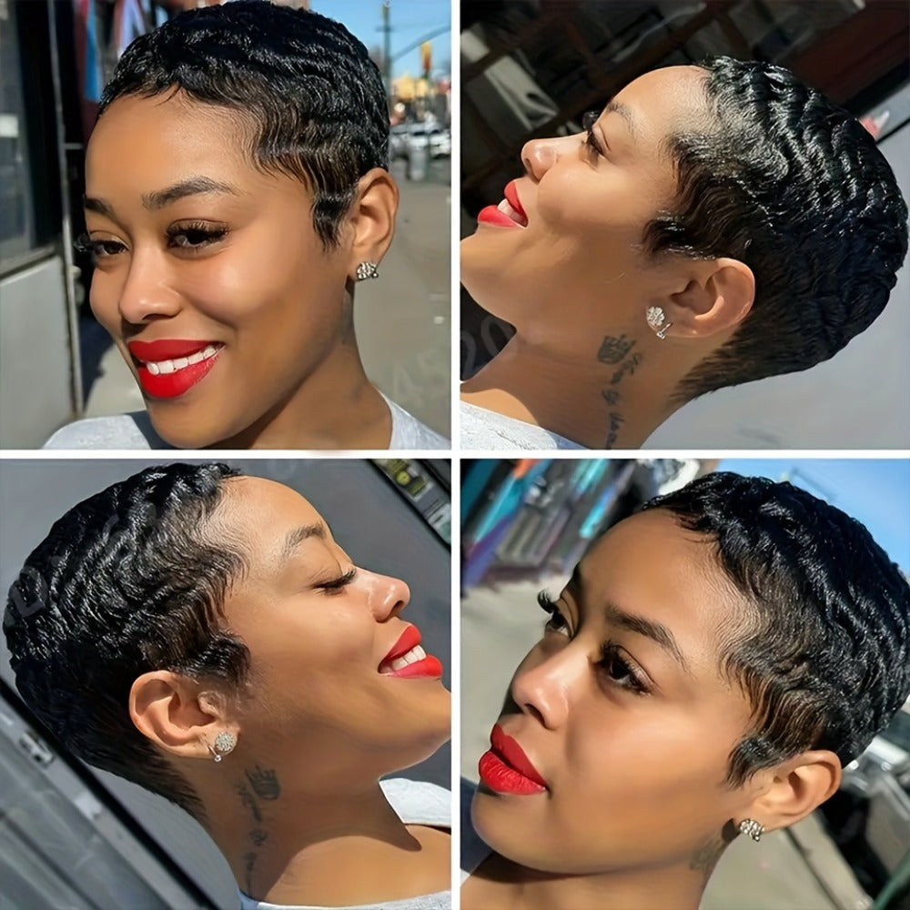Deep Wave Pixie-Cut Human Hair Wig with Bangs and Short Full Cap in a Black 4-Inch Hair Style