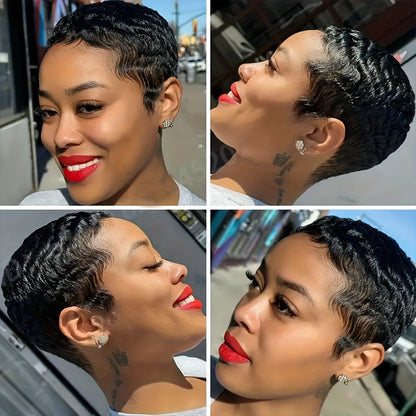 Deep Wave Pixie-Cut Human Hair Wig with Bangs and Short Full Cap in a Black 4-Inch Hair Style