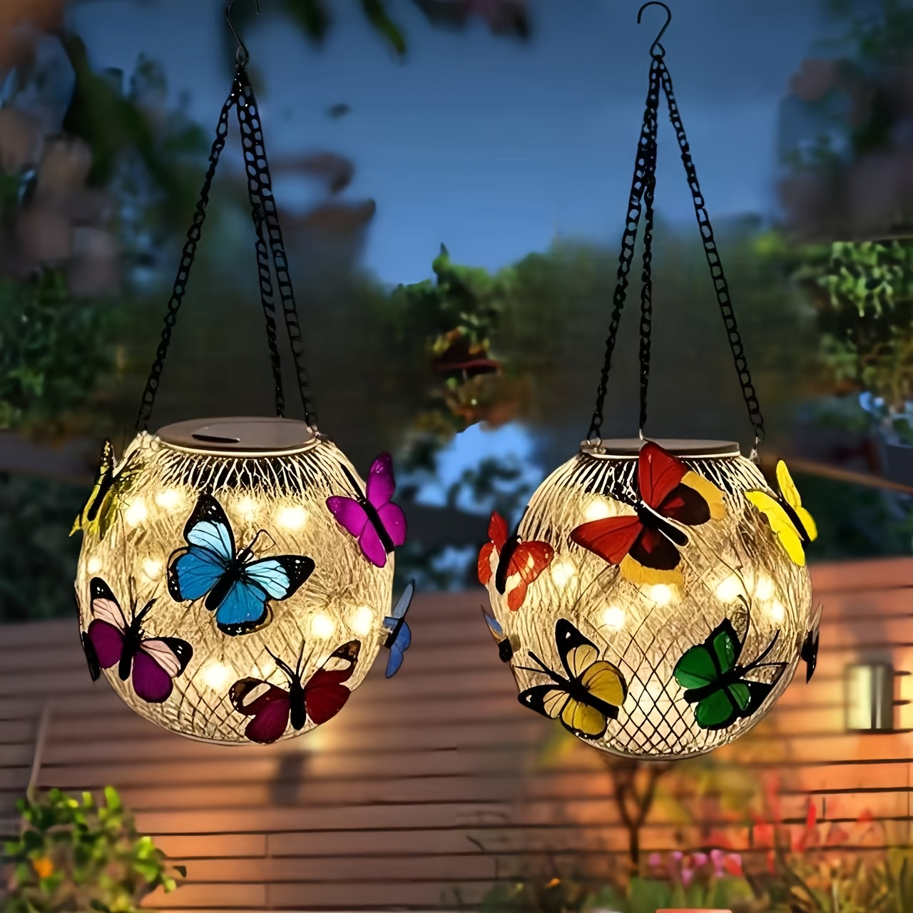 Solar Outdoor Lights 2-Pack Metal Butterfly Hanging Lanterns in Warm White or Multicolor for Porch Decor