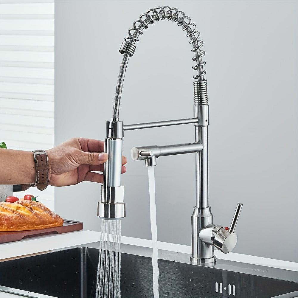 Single-Hole Pull-Down Kitchen Faucet with Spring Spout, 360° Swivel Sprayer and Three Finish Options