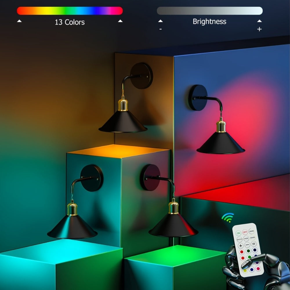 Battery-Operated Two-Light Wall Sconce Set with 13 RGB Scenes, Remote, Timer and Black or White Finish
