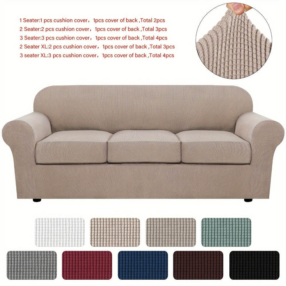 Sofa Cover Grid Jacquard Elastic Full-Cover Slipcover with Anti-Slip Fit for 1 to 3 Seats and XL Sofas
