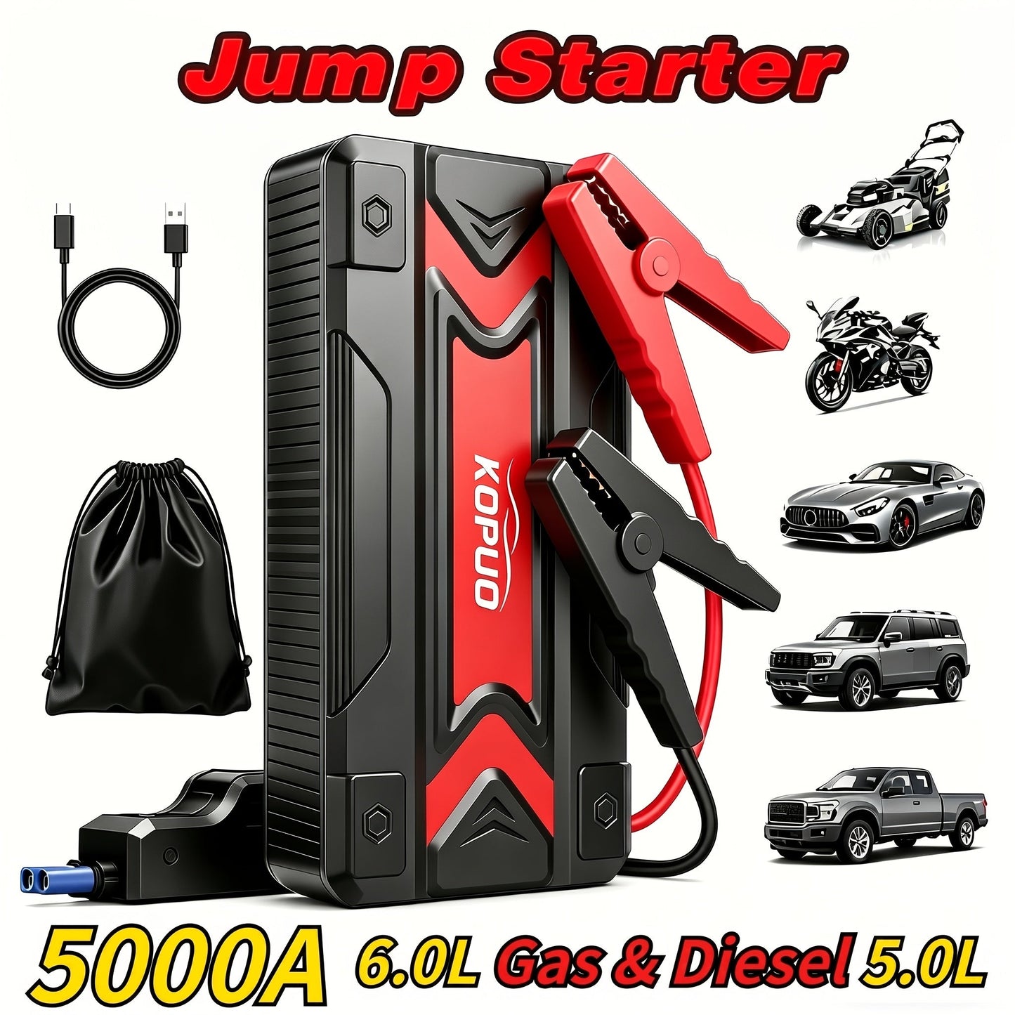 Car Jump Starter Power Bank 3-in-1 12V Battery Booster Charger LED Flashlight SOS for Cars Motorcycles SUVs Compact Emergency Starter Dead Battery in Seconds