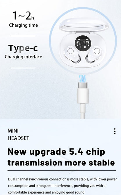 Invisible Sleep Earbuds Bluetooth 5.4 Mini Ultra Compact True Wireless – Noise Cancelling Hi-Fi All Day Wear Touch Control USB-C for Running Sleeping Compatible with All Phones