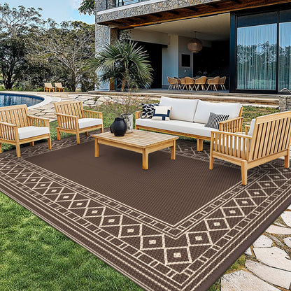 Reversible Outdoor Rug in Multiple Geometric, Border and Leaf Patterns with Displayed Sizes from 5 x 8 to 9 x 12 Feet