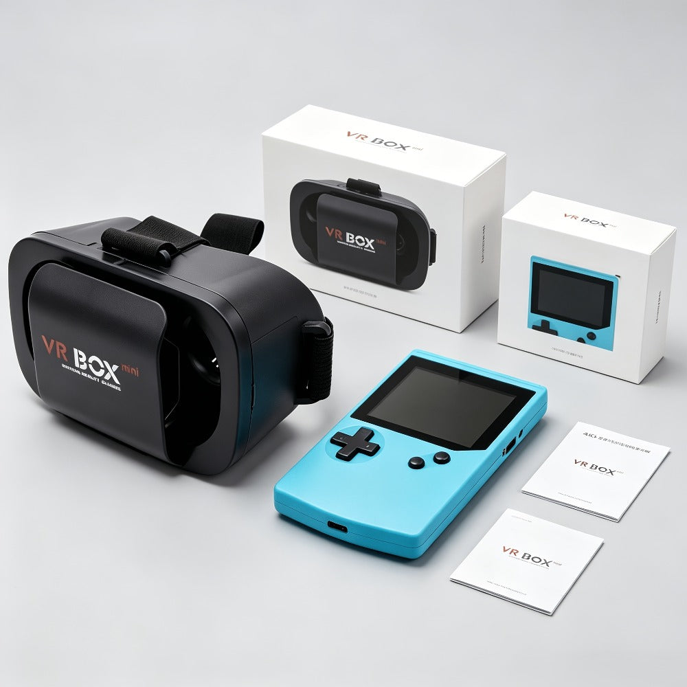 VR Headset & Retro Handheld Game Console Set, Mini 3D HD Virtual Reality Glasses with Portable Game Console