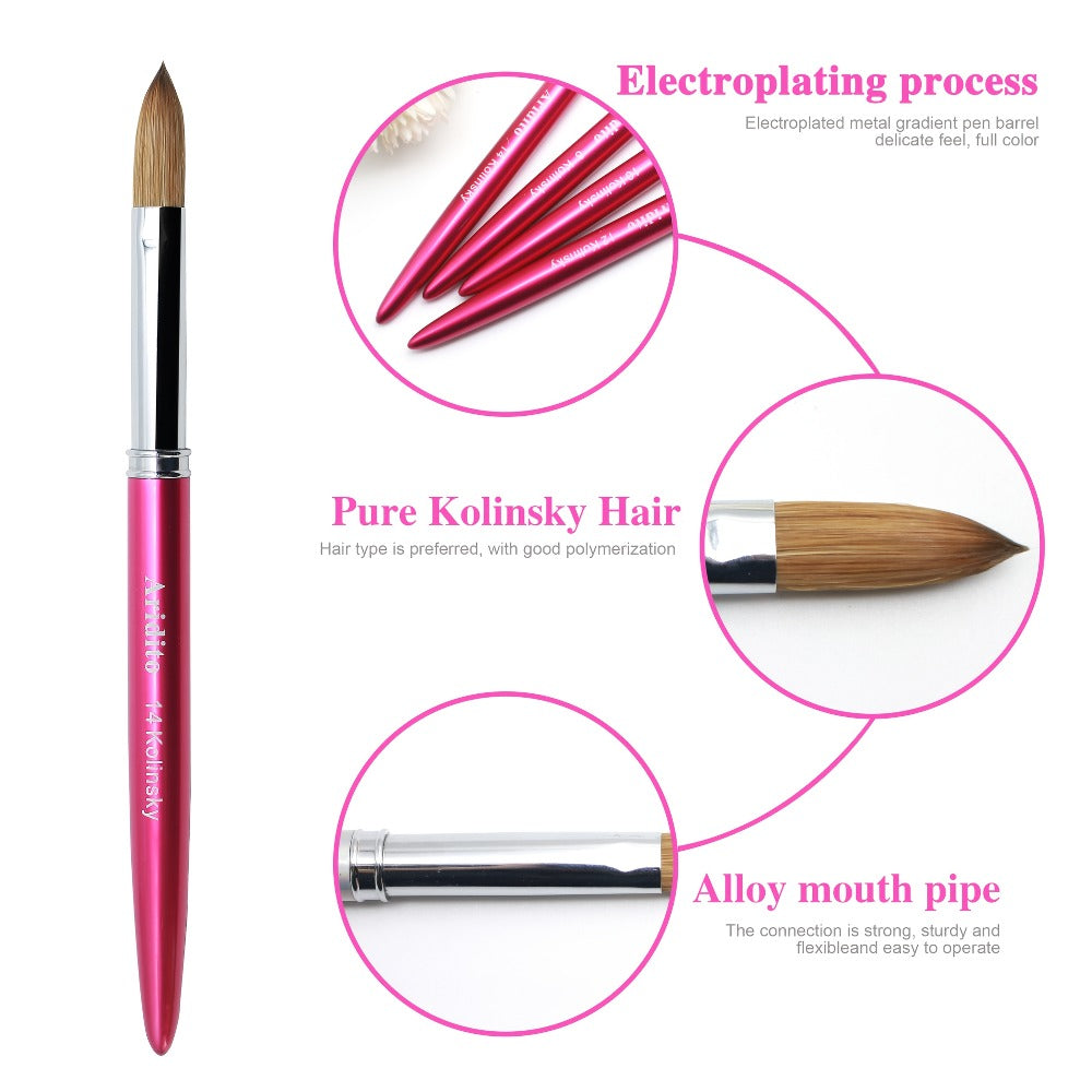 Rose-Red Acrylic Nail Brush with Cap in Exact Checkout Sizes #10, #12 or #14 and Pictured Flat-Shaped Tip