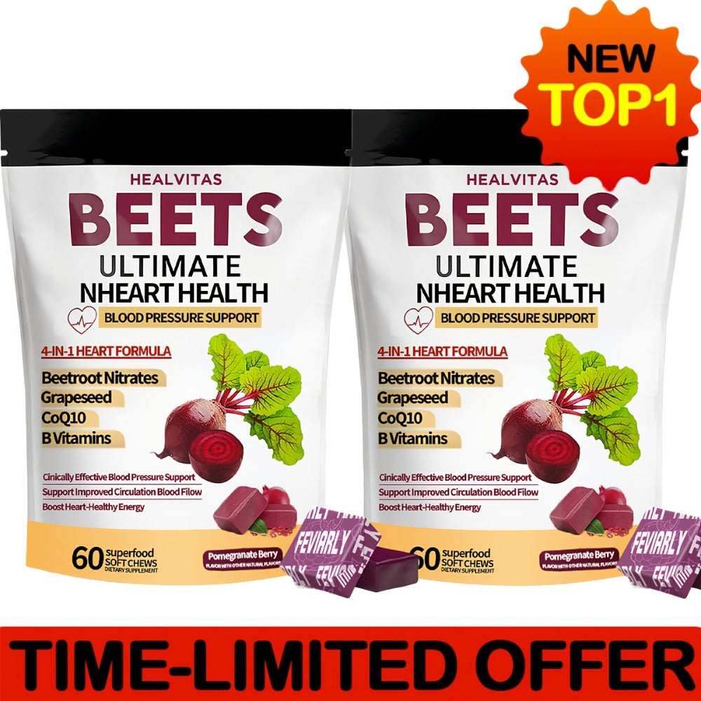 Beetroot Gummies with CoQ10, Grape Seed Extract & Multivitamins — Blood Pressure Support, Heart Health, Circulation & Antioxidant Defense, Chewable Beet Root Supplement for Women & Men, 60-120 Count