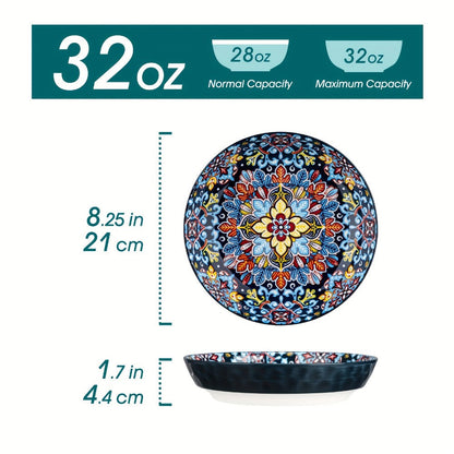 Bohemian Pasta Bowls Set of 6 | 32 Oz Porcelain, Floral Pattern, Microwave & Dishwasher Safe – VANCASSO