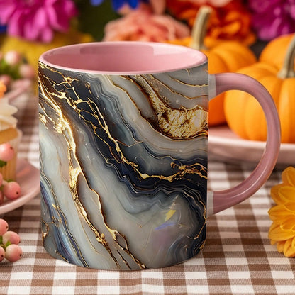 11oz Ceramic Coffee Mug with Agate Vein Print, Black Interior and Black, White or Pink Handle Options