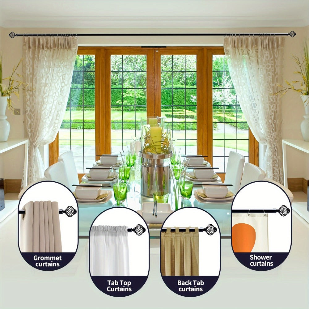 Black Adjustable Curtain Rod with Lattice Finials and Four Length Ranges from 18–32 to 34–152 Inches