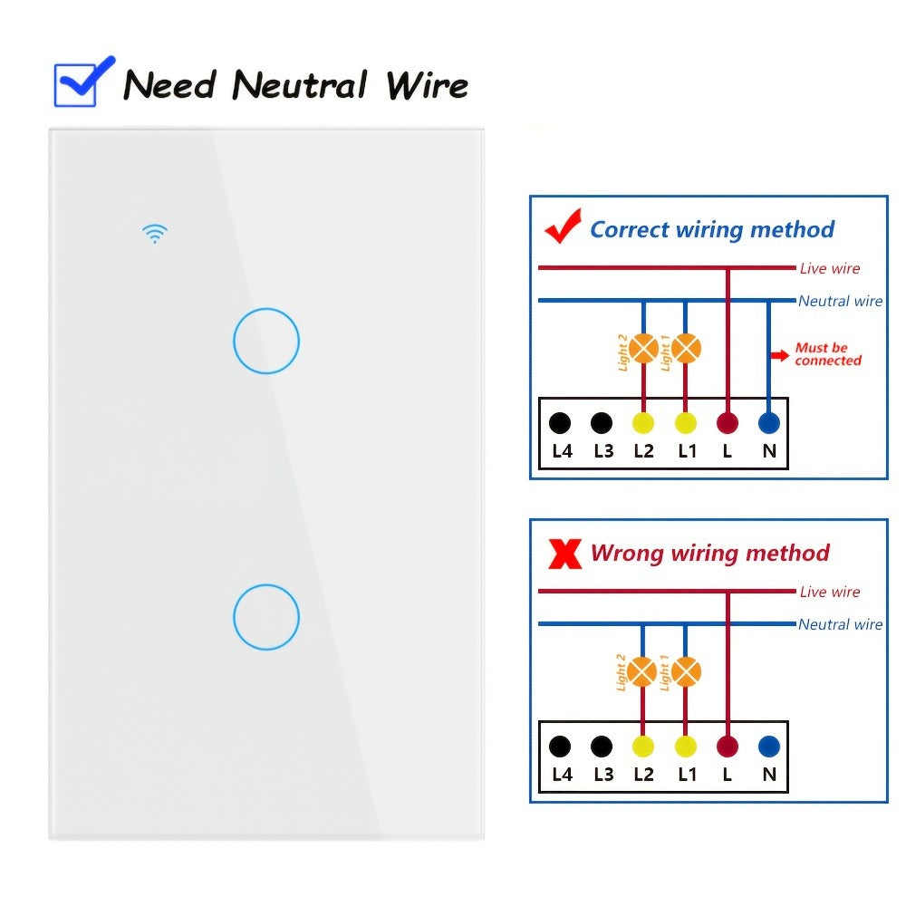 White Glass WiFi and Bluetooth Touch Wall Switch with One- to Four-Gang US-Style Options and Neutral-Wire Wiring