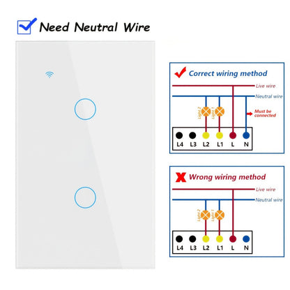 White Glass WiFi and Bluetooth Touch Wall Switch with One- to Four-Gang US-Style Options and Neutral-Wire Wiring