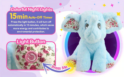Plush Toy – Blue Elephant with LED Glow and Optional Lullaby Music for Soft Room Display and Gifting
