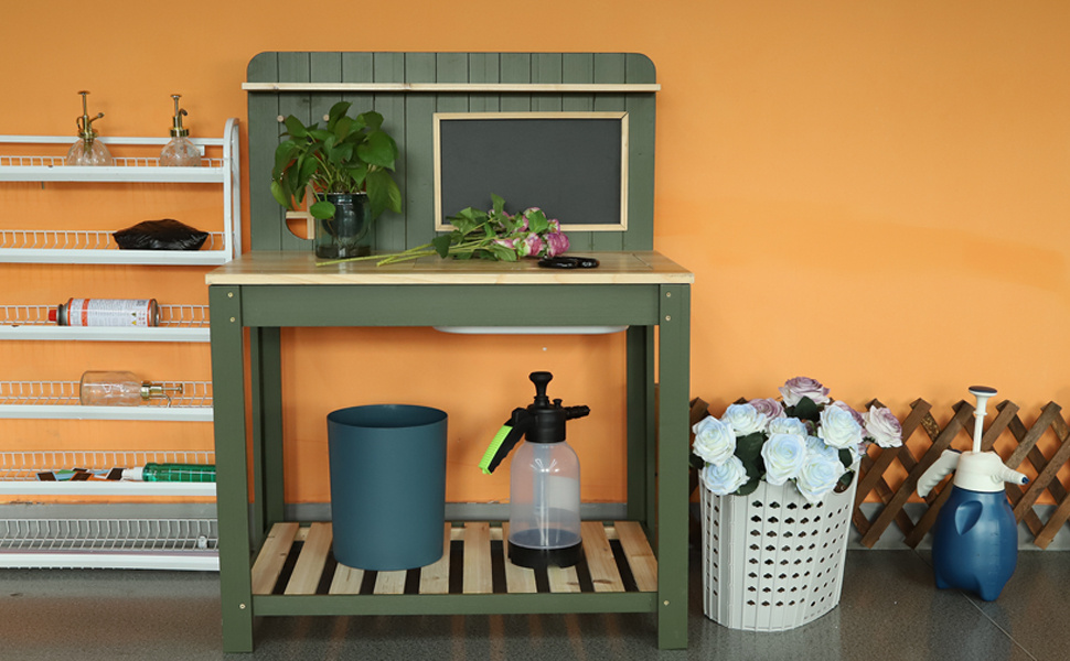 Potting Bench Table Cedar Wood Garden Workstation with Blackboard Removable Sink Hooks Double Shelf for Patio Balcony Courtyard Outdoor Planting Work Bench