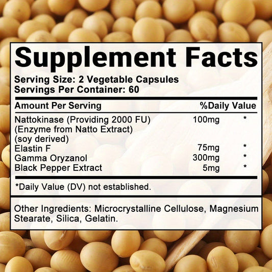 Nattokinase Supplement 120 or 240 Capsules — Gamma-Oryzanol Cardiovascular Formula for Heart Health, Brain Circulation & Cholesterol Balance | Natural Enzyme Capsules for Women & Men
