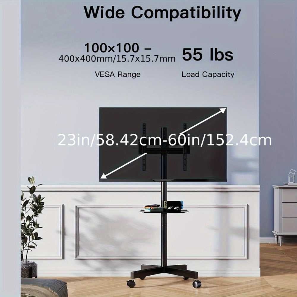 TV Stand Rolling Cart for 23 to 60-Inch Screens with Locking Casters, Media Shelf and Cable Routing