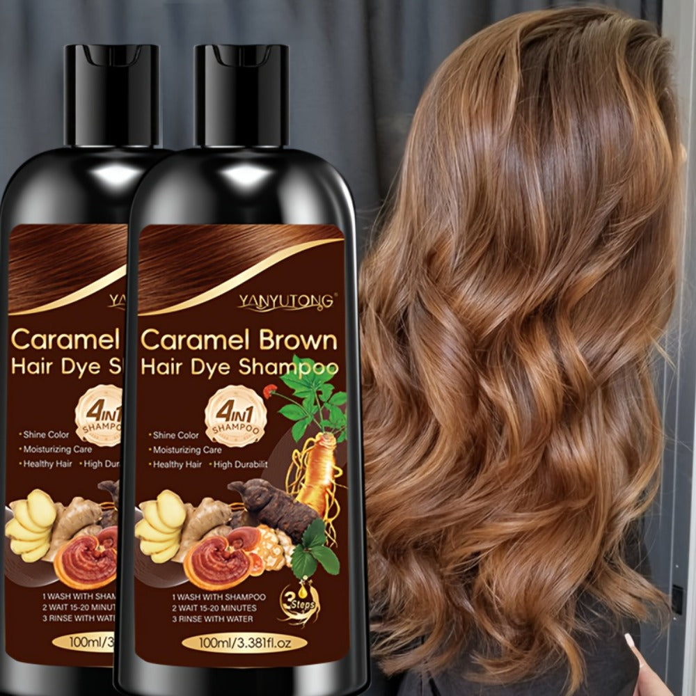 Hair Color Shampoo, YANYUTONG 4-in-1 Caramel Brown Two-Bottle Set with 3.38oz in Each Bottle
