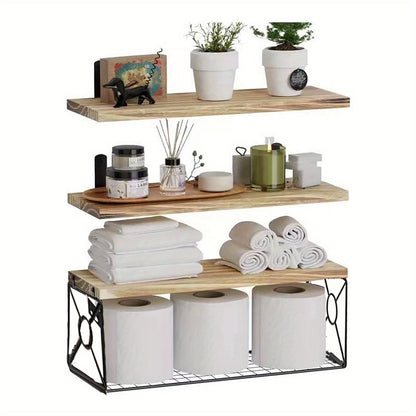 Floating Shelves Over Toilet 3-Piece Set | Farmhouse Bathroom Wall Mounted Storage Shelf for Toilet Paper, Towels & Decor – Black, Brown, Burlywood