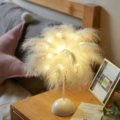 Night Light Feather Table Lamp with 40-Head Copper-Wire LEDs in White, Pink or Two-Piece Pink Options