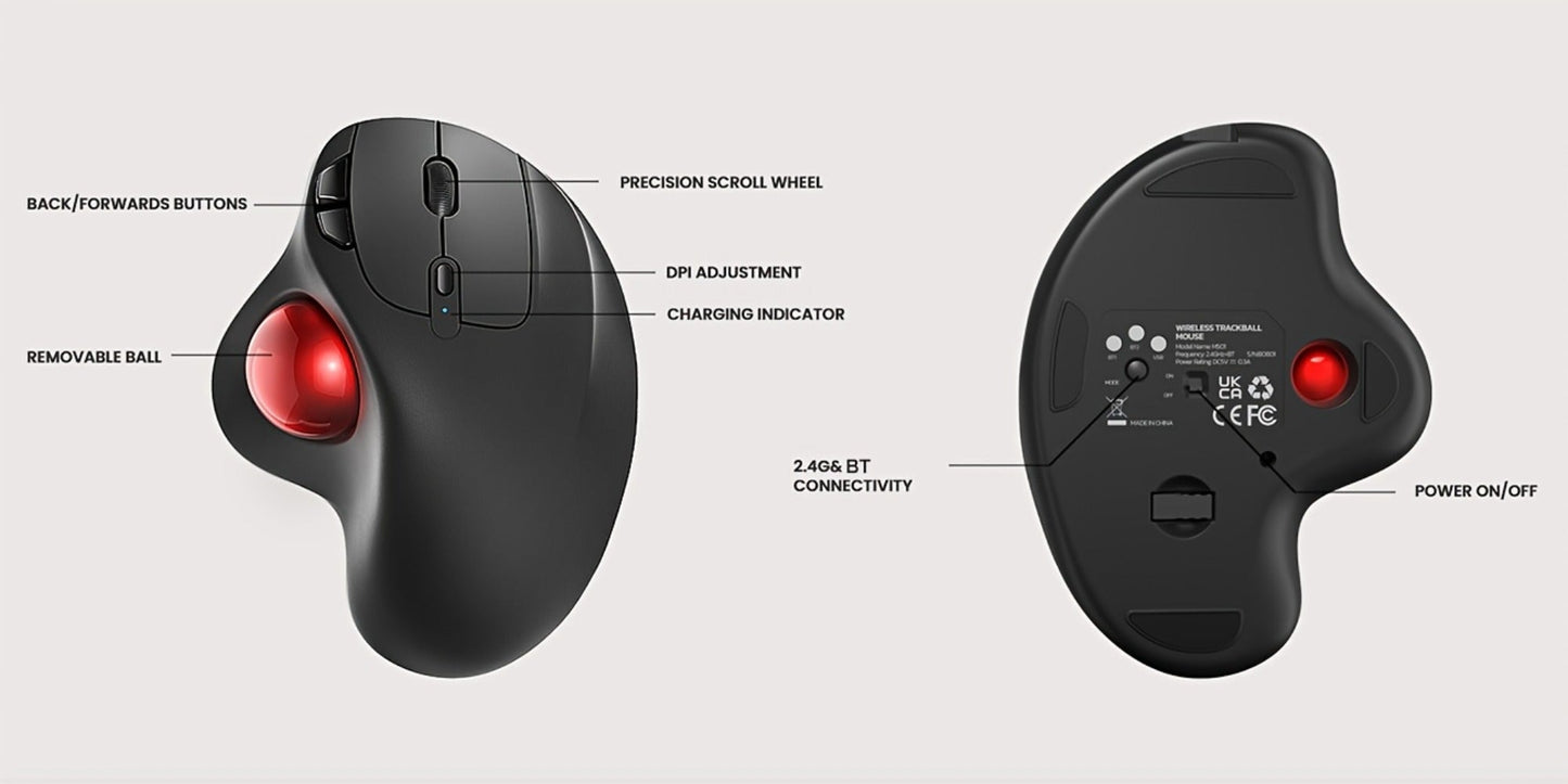 Wireless Trackball Mouse Rechargeable Ergonomic Thumb Control 3 Device Connection 2.4G USB Receiver Bluetooth 4 DPI Settings Precise Smooth Tracking Compatible with PC Laptop Mac Windows