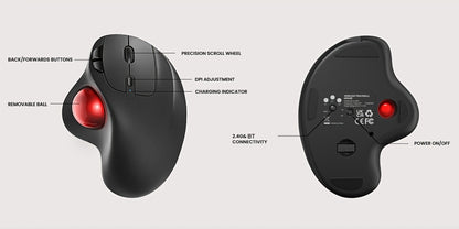 Wireless Trackball Mouse Rechargeable Ergonomic Thumb Control 3 Device Connection 2.4G USB Receiver Bluetooth 4 DPI Settings Precise Smooth Tracking Compatible with PC Laptop Mac Windows