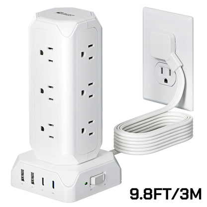 Power Strip Tower 16-in-1 Surge Protector 12 AC Outlets 4 USB Ports USB-C PD20W 1800J Protection Desktop Charging Station 10ft or 15ft Extension Cord for Office School Dorm White