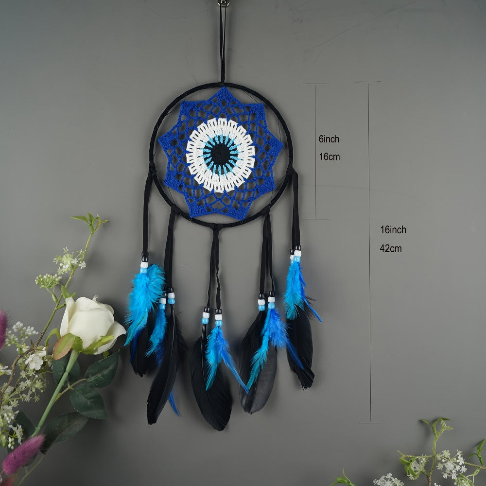 Evil Eye Dream Catcher Wall Decor with Woven Blue Motifs in Black, Beige or Two-Piece Round Set