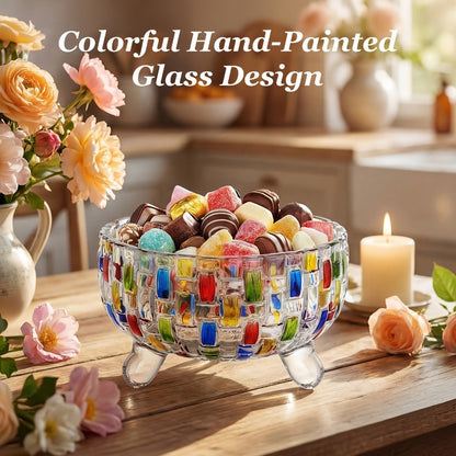 Crystal Glass Candy Dish with Lid & Tongs – Hand-Painted Colorful Candy Box, Jewelry Storage Jar, Christmas Gift for Family & Friends | Elegant Candy Server
