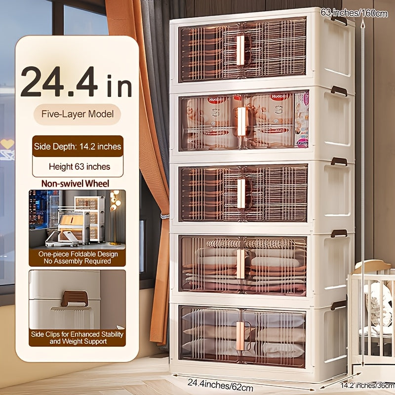 Storage Cabinet Folding Plastic Organizer with Magnetic Doors, Lockable Wheels and Three to Five Tiers