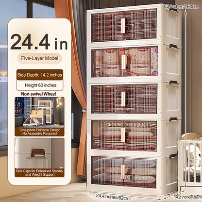 Storage Cabinet Folding Plastic Organizer with Magnetic Doors, Lockable Wheels and Three to Five Tiers