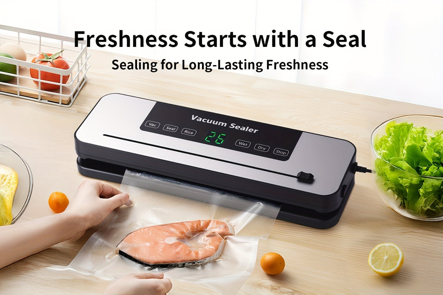 Countertop Vacuum Food Sealer with 65kPa Marking, Integrated Bag Cutter, Hose Port and 10 Bags